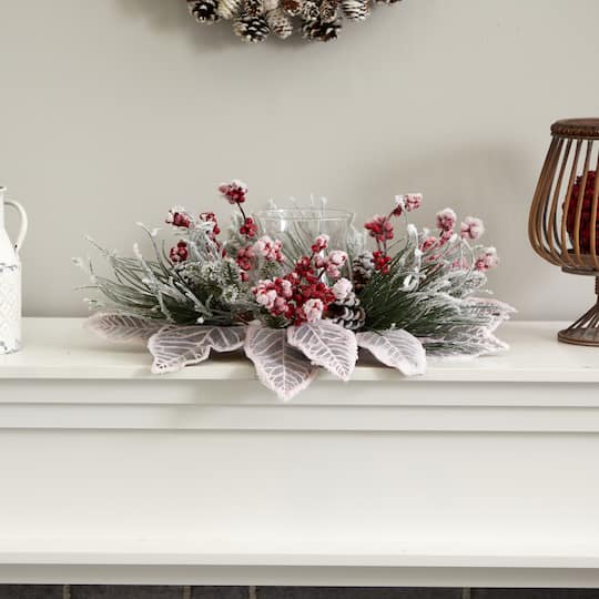 17" Snowy Magnolia Berry Artificial Arrangement Candelabrum